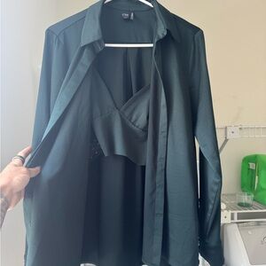 Dark Green Button-Up Shirt with Inner Bralette